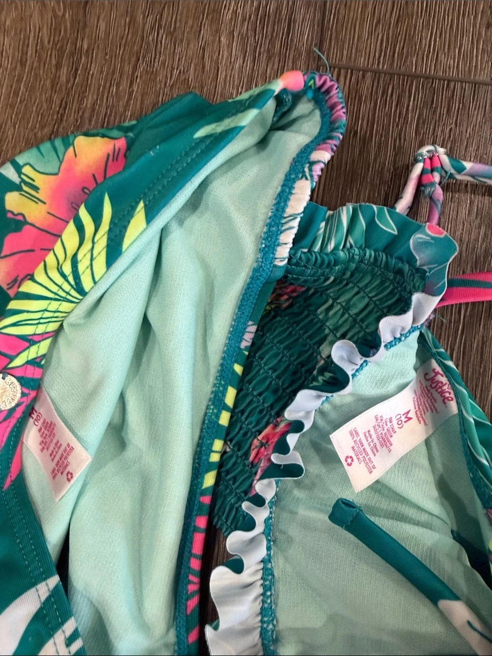 Justice Teal Tropical Floral Bikini with Pink and Lime Accents